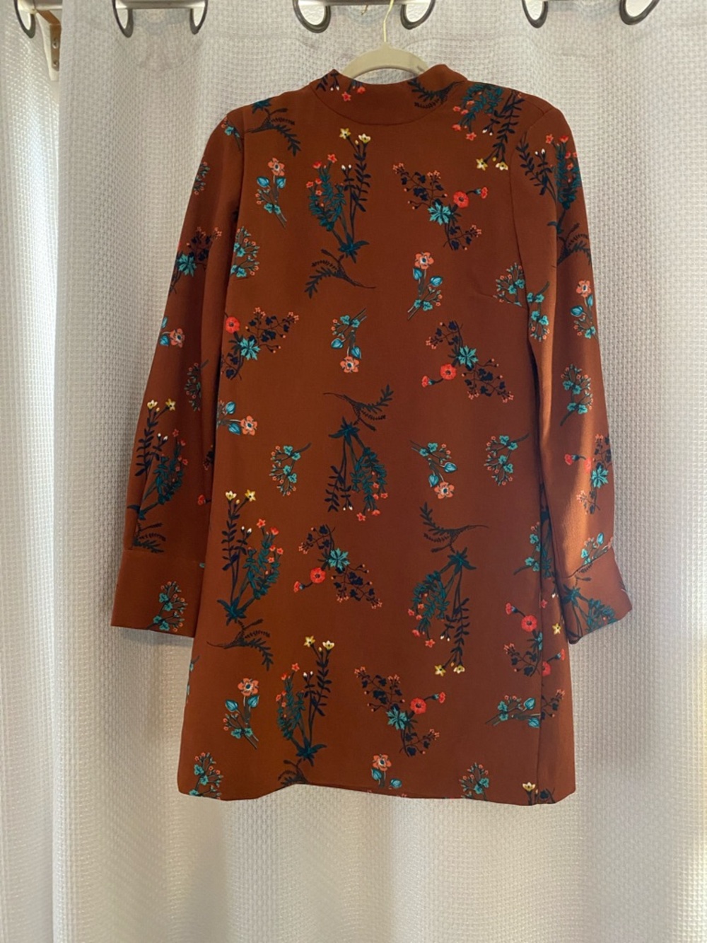 Wayf Rust Floral Long-Sleeve Shift Dress with Teal & Red Accents